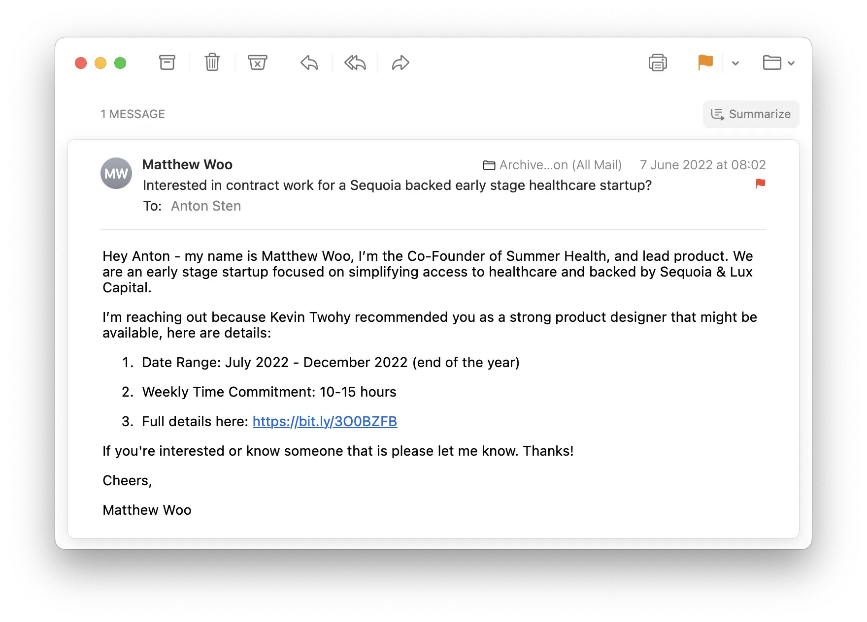 Screenshot of email from Matthew
